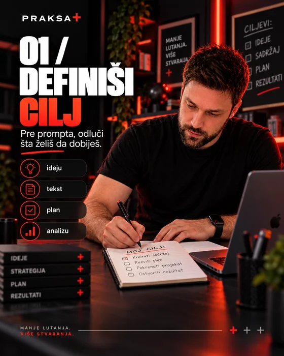 AI vizual Definiši cilj: osoba piše, a natpis Moj cilj u svesci čitljiv je posmatraču sa suprotne strane stola.