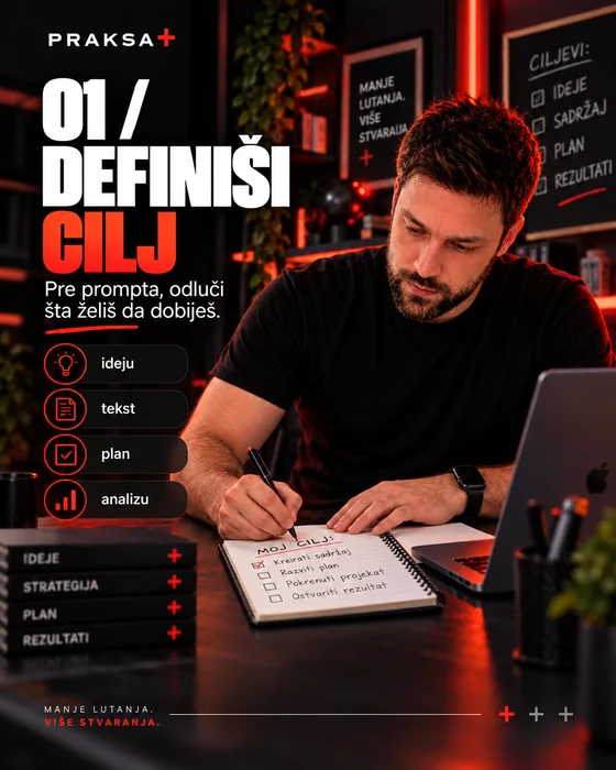 Treći dostavljeni AI kadar: olovka je iznad naslova Moj cilj, a tekst sveske ponovo je okrenut posmatraču.
