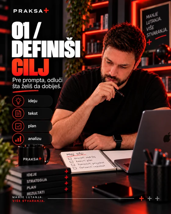 Alternativni AI kadar: osoba razmišlja sa olovkom uz bradu pored laptopa, a otvorena sveska je na stolu.