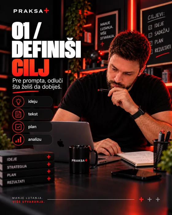 Konačno prihvaćeni AI vizual Definiši cilj: osoba razmišlja uz laptop, sa olovkom uz bradu i otvorenom sveskom bliže sebi.